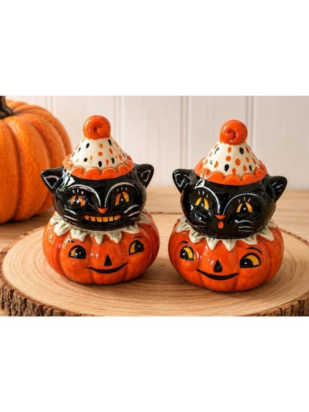 Johanna Parker Halloween Black Cat Pumpkin Salt Pepper Shakers NIB
